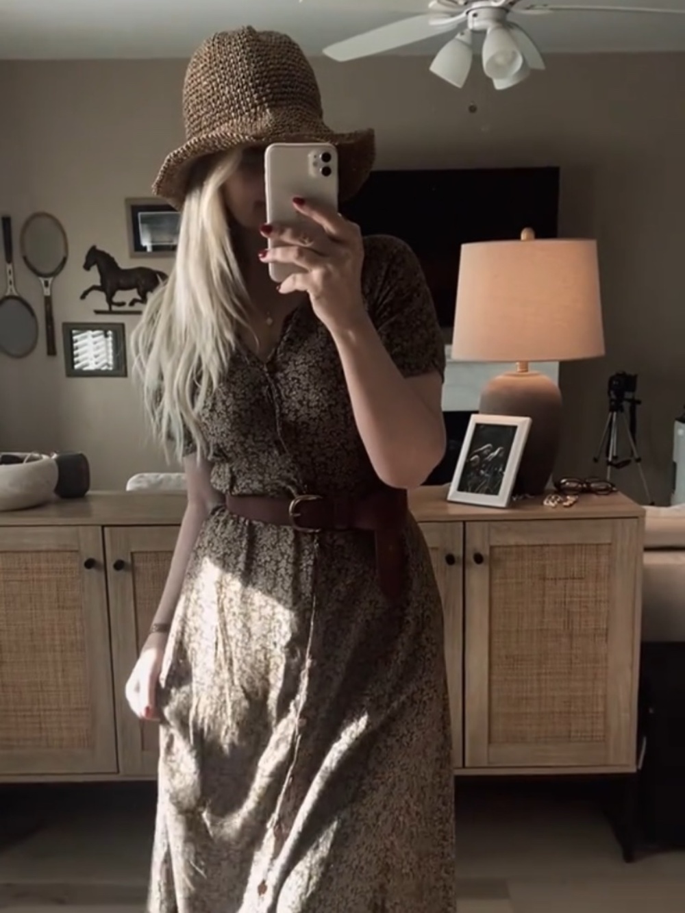 Vintage Olive Green Floral Button Down Midi Dress
